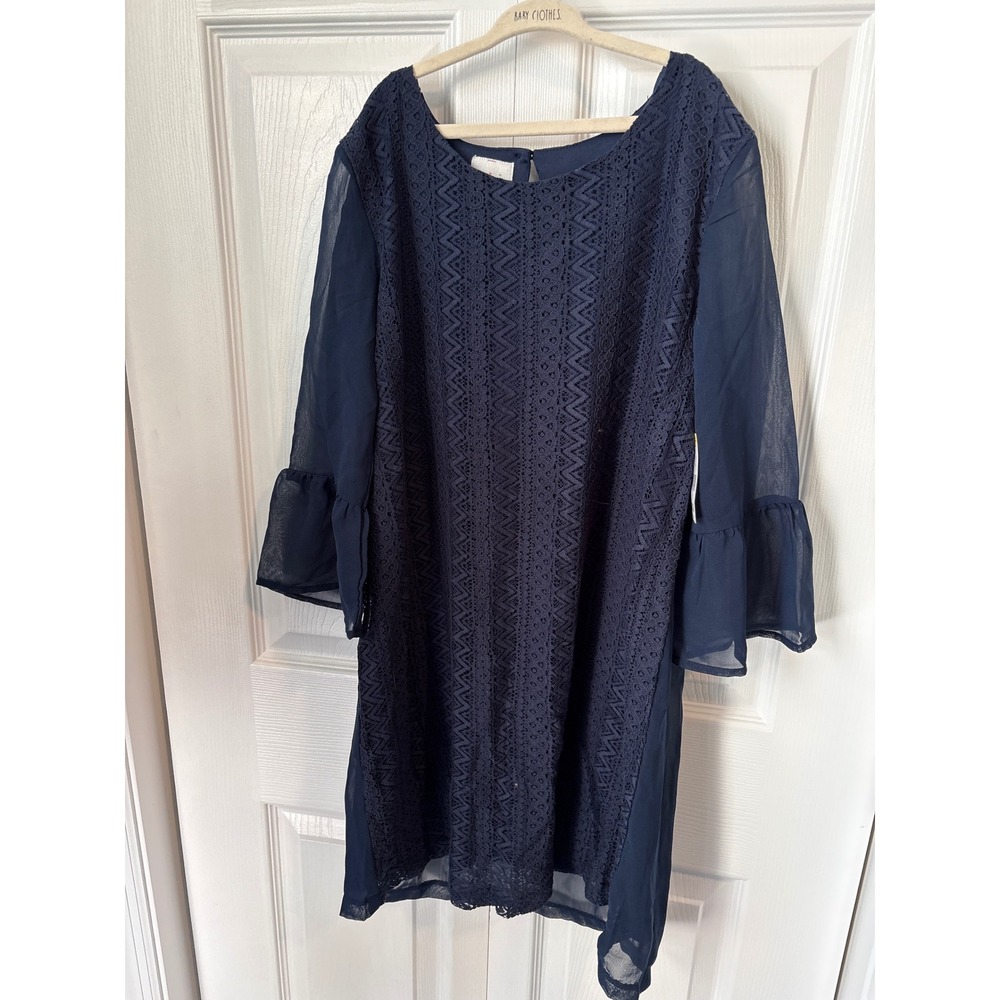 CRB Girls Navy Blue Lace Chiffon Bell Sleeve Shift Dress Size 16 NWT